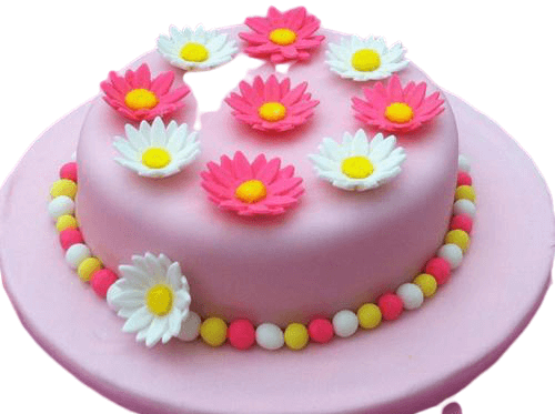 Cake with Daisy Flowers — pink finish, daisy-style decorations and colourful bead-like edging; India
