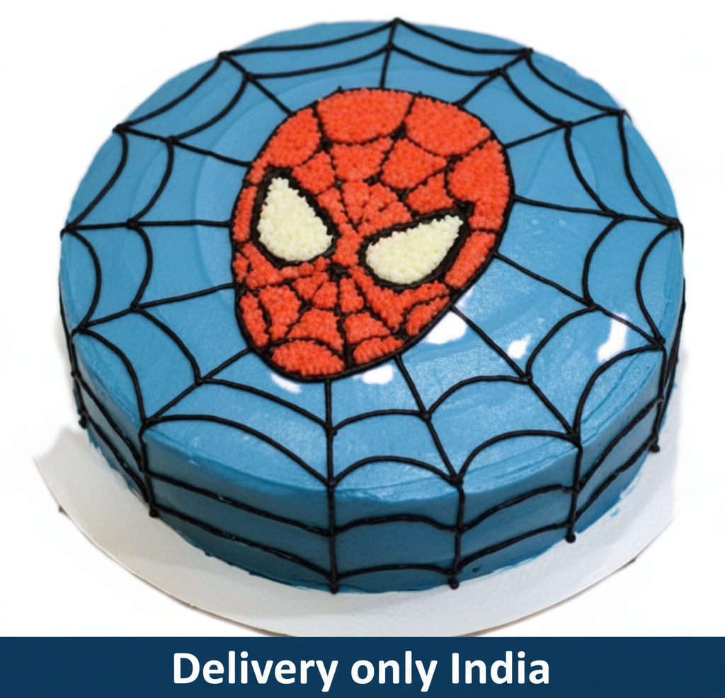 Spiderman Design Cake — blue web pattern and a Spider-Man face; India