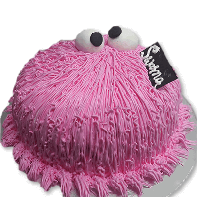 Hairy Cartoon Cake — pink textured piping and raised cartoon eyes; India