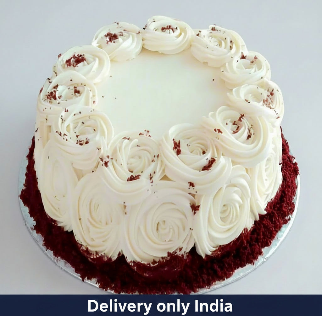 Rosette Red Velvet Cake — white rosette frosting with red crumb edging; India