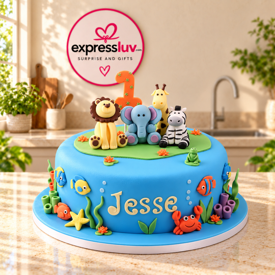 Zoo Theme Animal Cake design, photographed on a sunlit marble counter — delivery in India