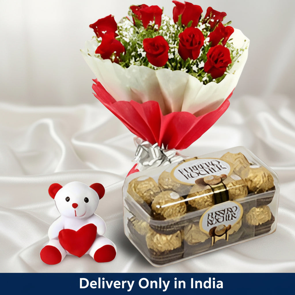 Chocolate, bouquet & toy: Gift combo – India