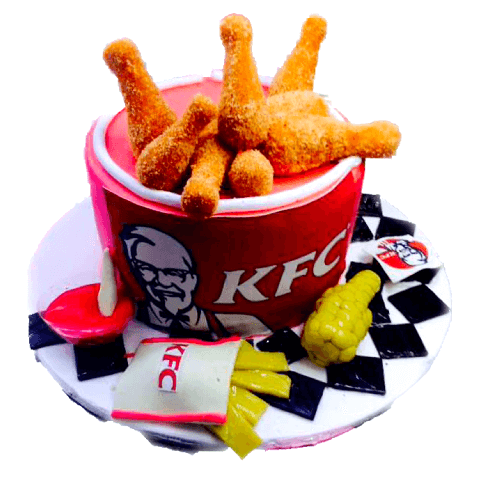 Chicken Bucket Theme Cake — a chicken-bucket-inspired design with food-shaped decorations; India