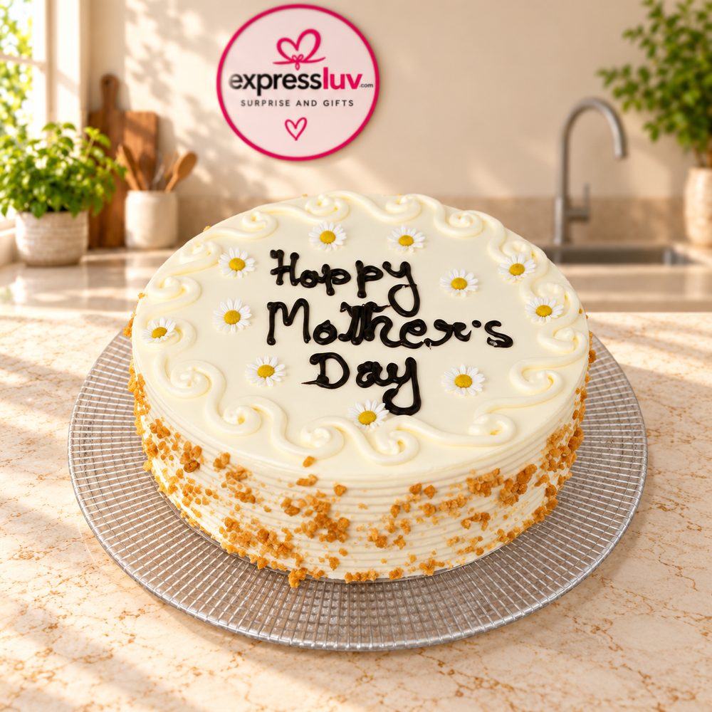 Butterscotch Cake for Mothers Day, photographed on a sunlit marble counter — delivery in India