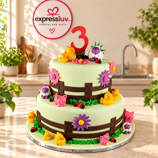 Farm Animal Theme Cake design, photographed on a sunlit marble counter — delivery in India