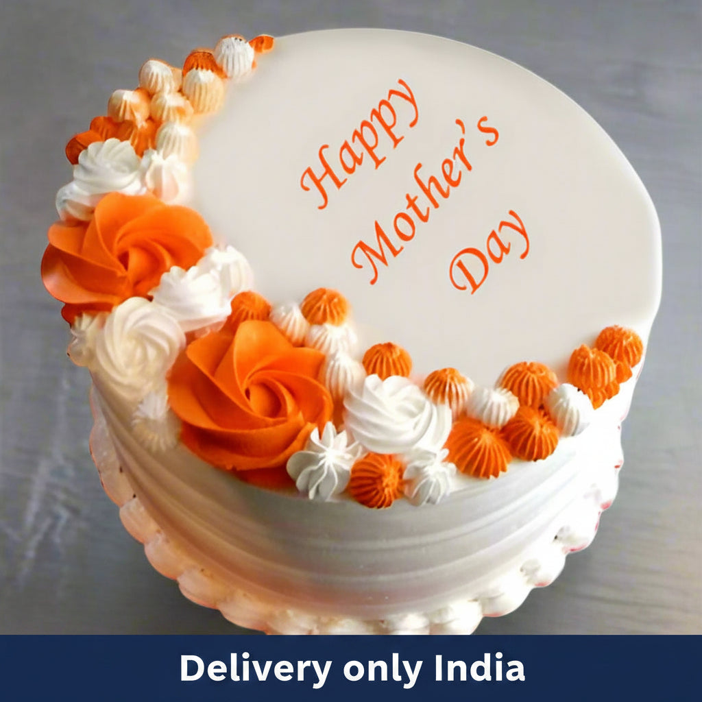 Mother’S Day Special Cake — orange flower-style piping and a white message centre; India