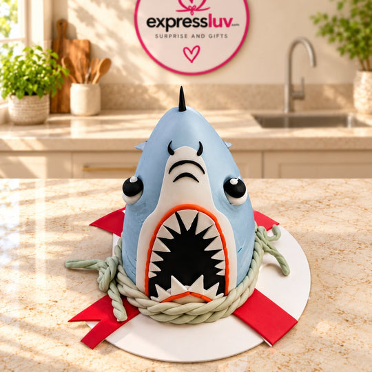 Shark Theme Birthday Cake, photographed on a sunlit marble counter — delivery in India
