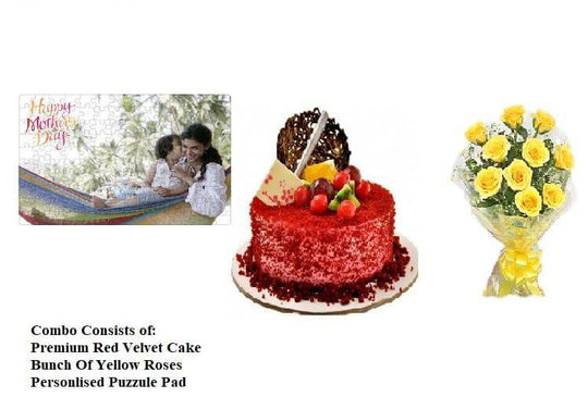 Premium Red Velvet cake, Yellow roses with Personalized Puzzle Pad – India