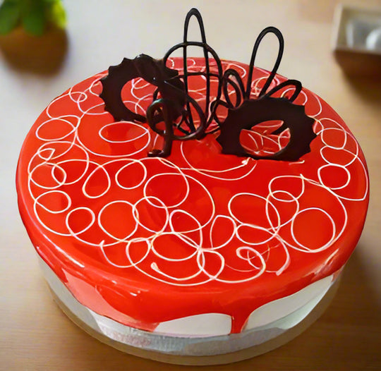Red Glaze Celebration Cake — red glaze, white loop patterns and dark curled decorations; India