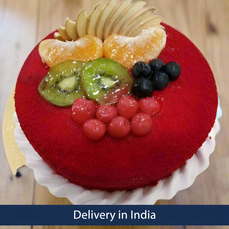 Red Velvet Cake topped with Fruits - India