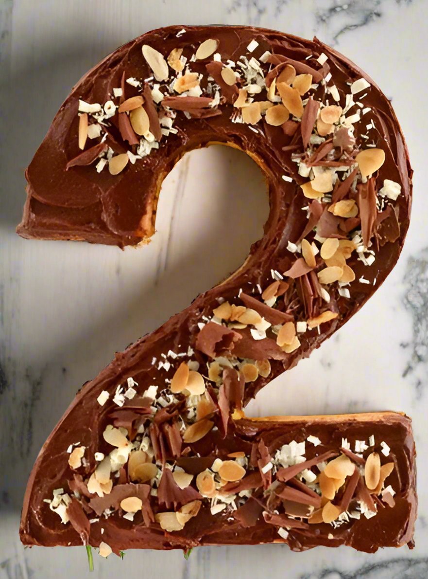 Second Birthday Chocolate Cake — a number 2 design with nut topping; India