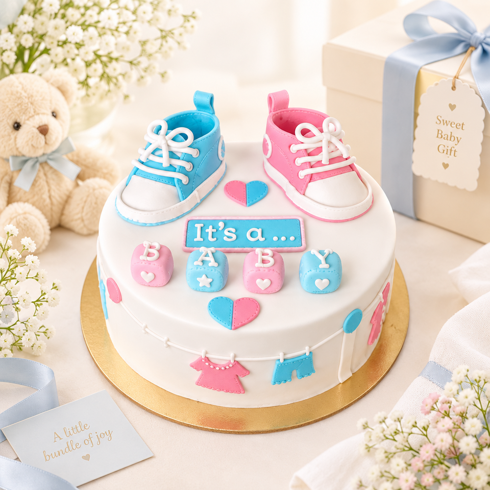 Baby Shower Surprise Cake — pink-and-blue baby shoes and pastel baby-shower motifs; India