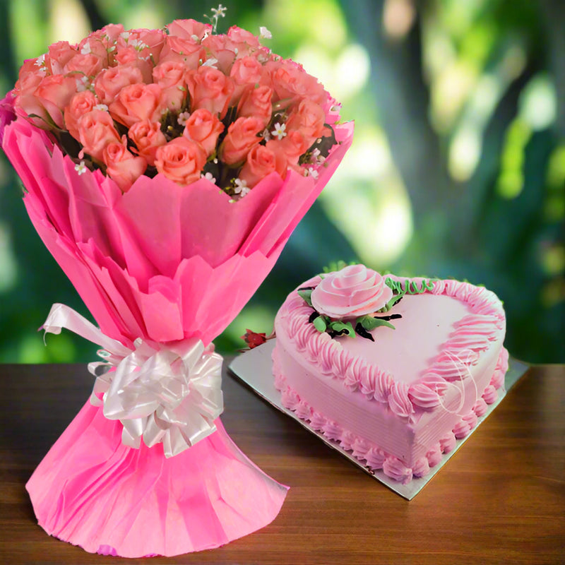 Strawberry Cake & Pink Roses Bunch - India