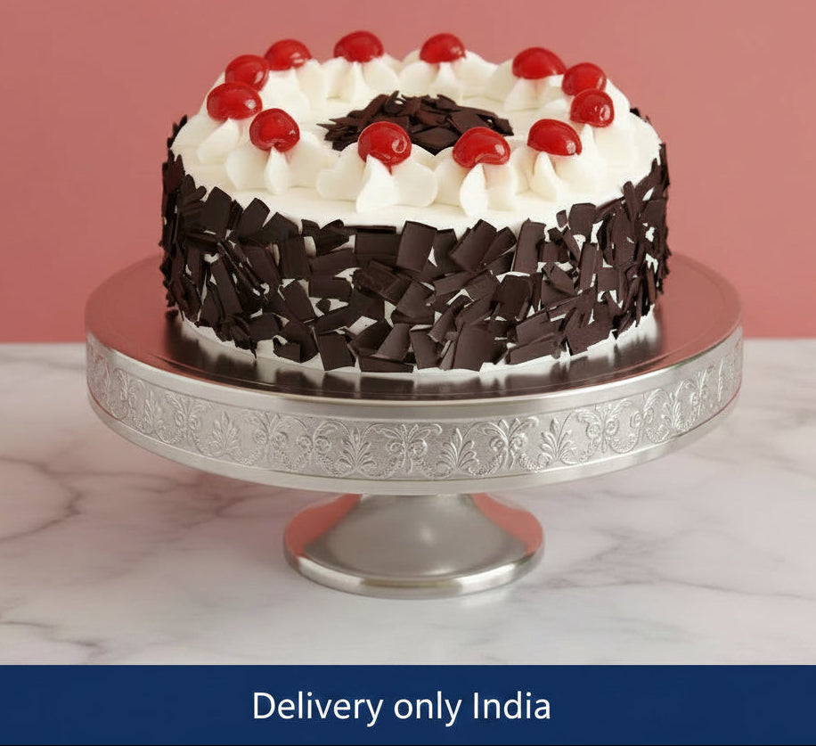Black Forest Delight Cake — white cream top, dark chocolate-style sides and red cherries; India