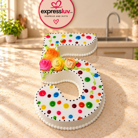 Number 5 Birthday Cake, photographed on a sunlit marble counter — delivery in India