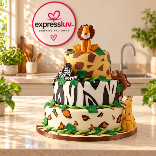 Zoo Theme Cake design, photographed on a sunlit marble counter — delivery in India