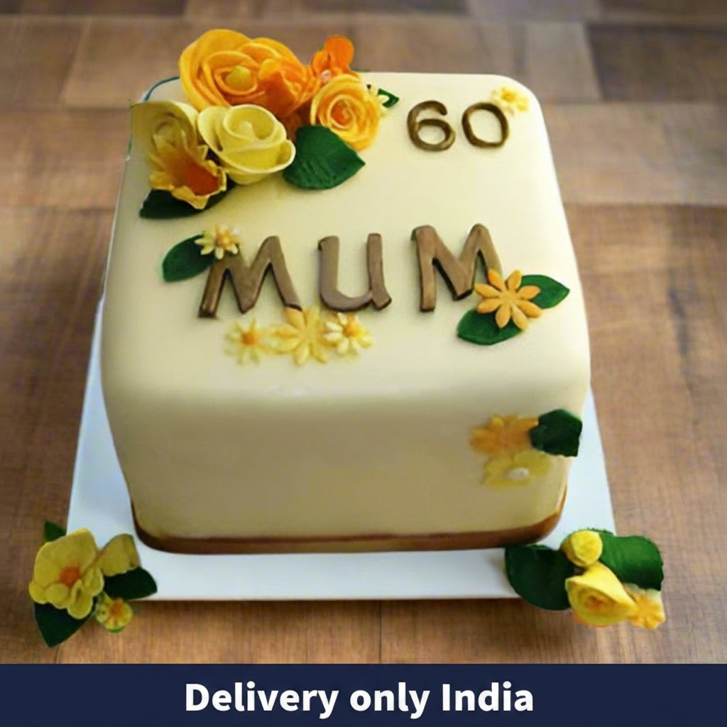 Special Cake for Mom — a mum greeting with yellow rose-style decorations; India