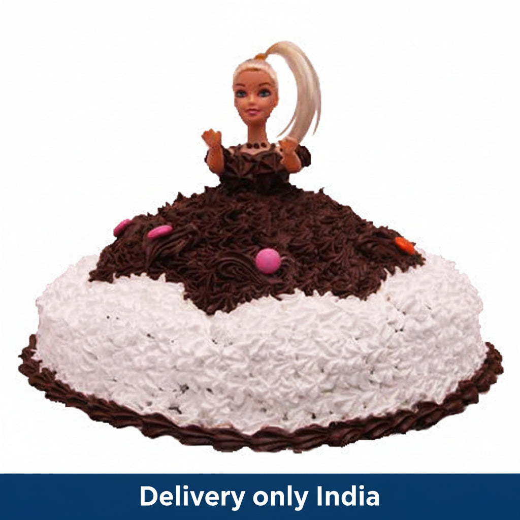 Stylish Barbie Cake — pale skirt with dark central piping and a doll figure; India