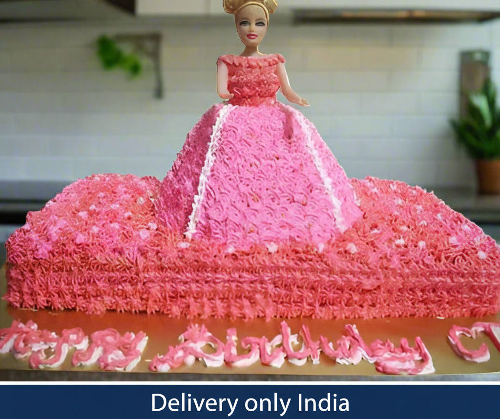 Designer Barbie Cake — a pink doll skirt design on a matching rectangular base; India