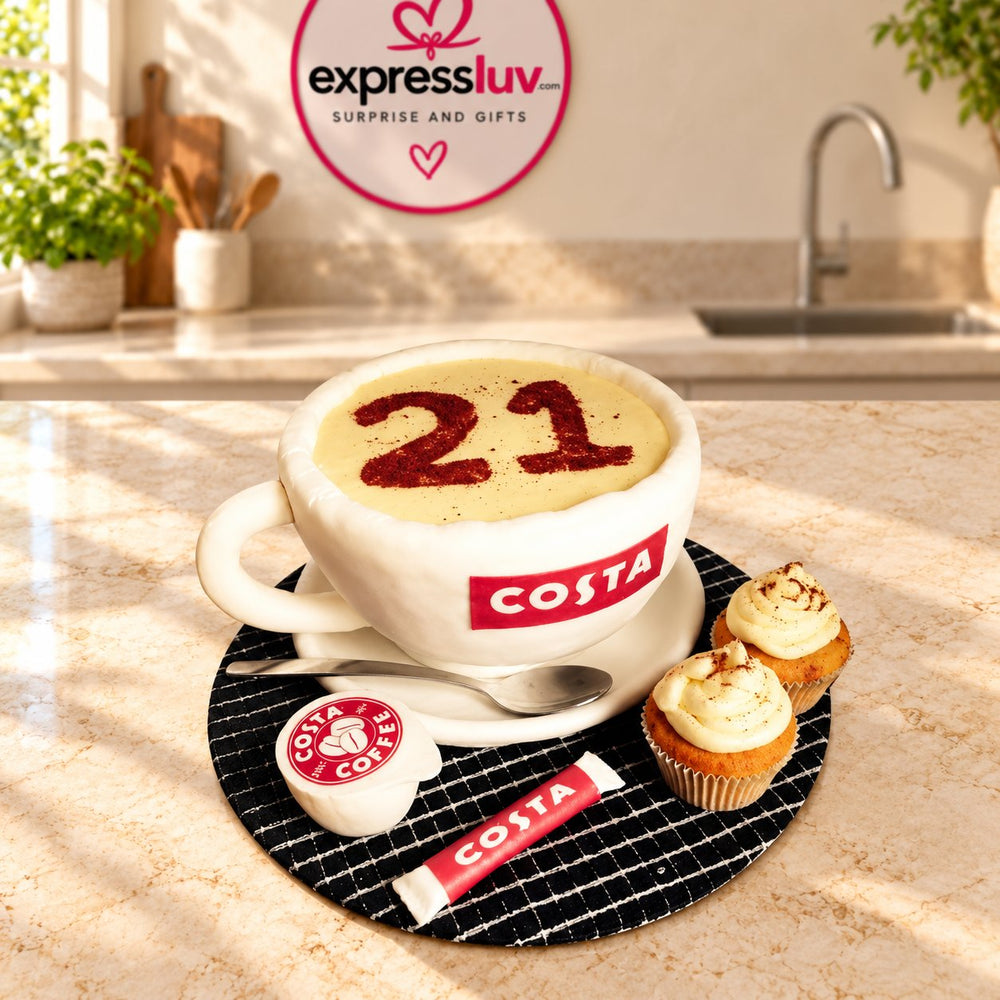 Coffee Cup Theme Cake, photographed on a sunlit marble counter — delivery in India