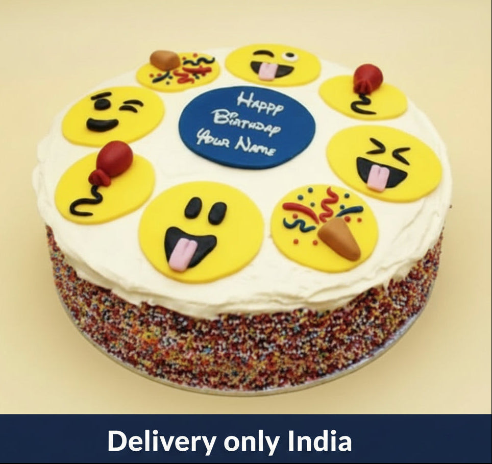 Cute Emoji Cake — pale topping decorated with assorted yellow emoji faces; India
