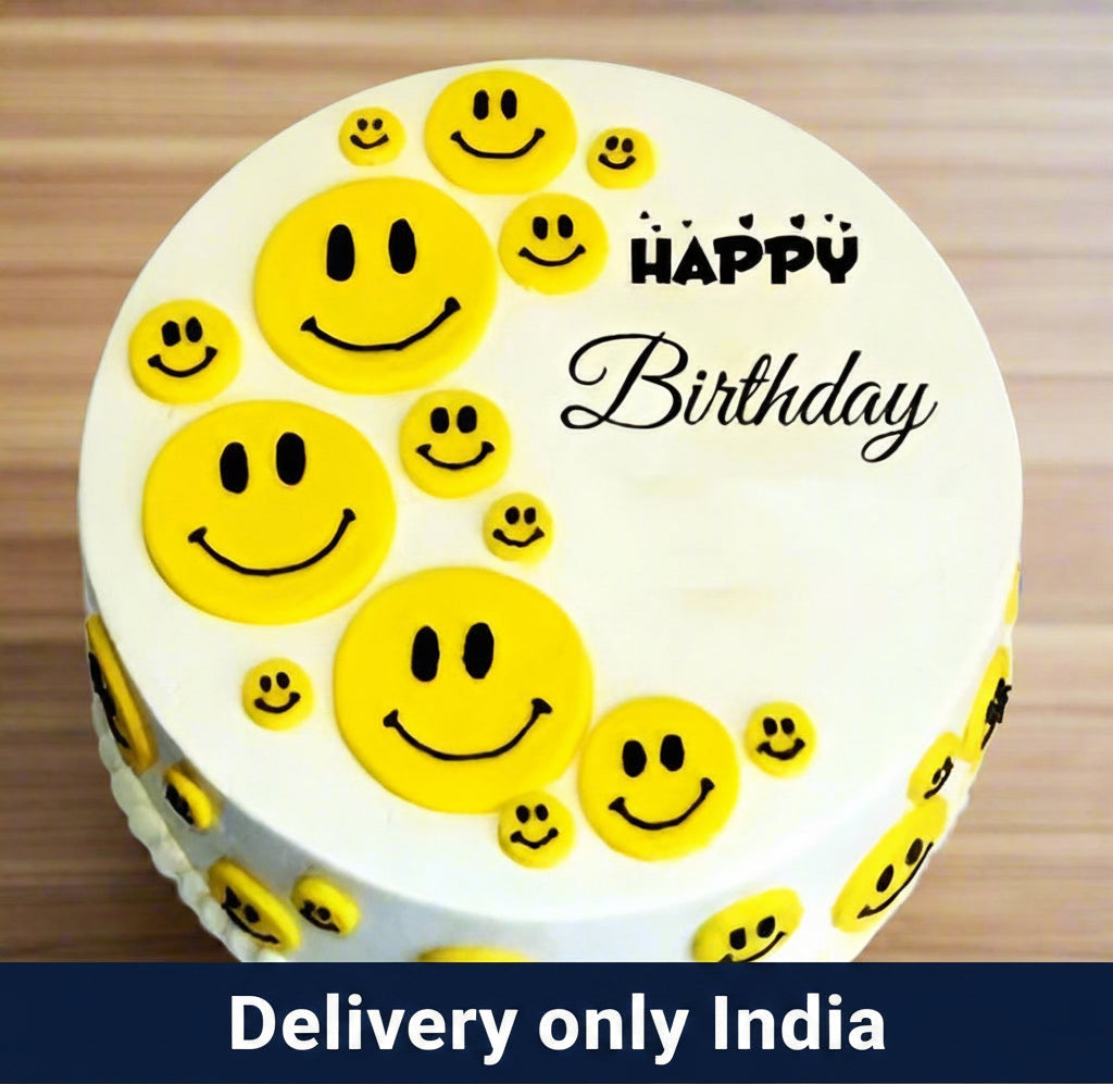 Pineapple Smiley Cake — white finish covered with cheerful yellow face motifs; India