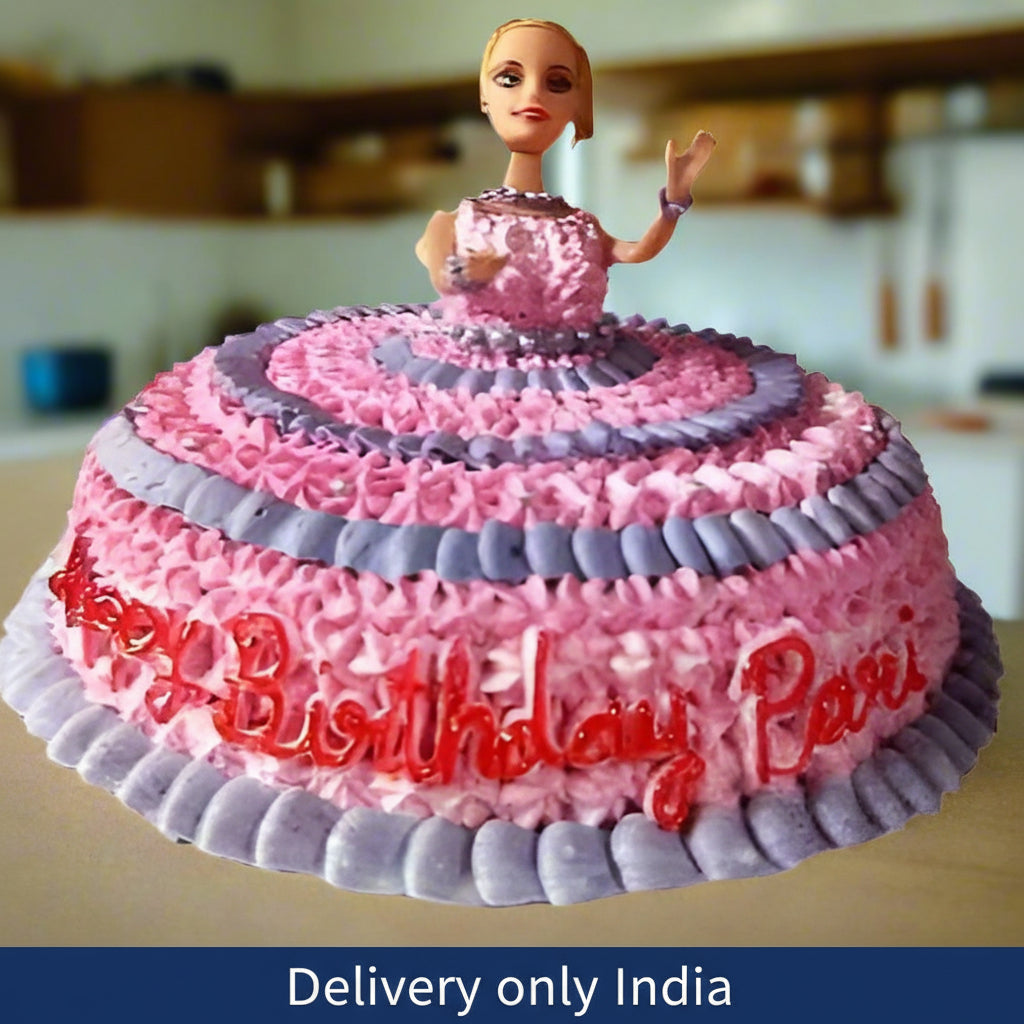 Kid'S Favourite Barbie Cake — a pink-and-lilac piped skirt design with a doll topper; India
