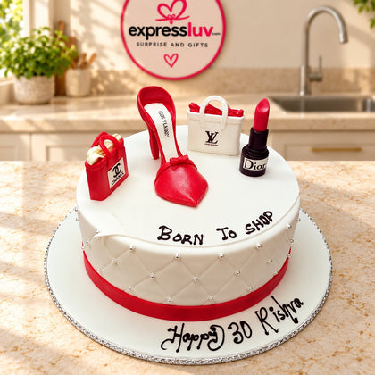 Born to Shop Cake — shopping bags, shoe and lipstick-themed decorations; India