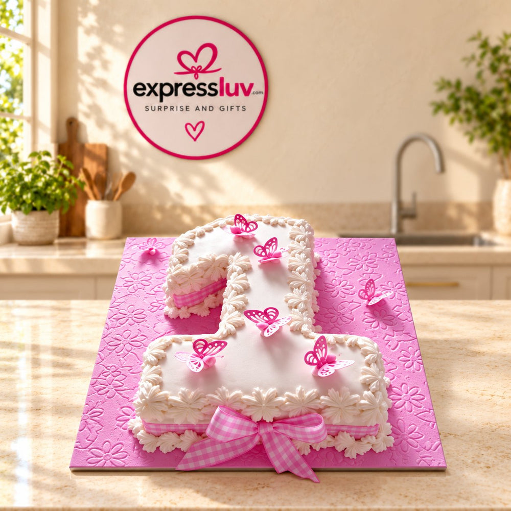 Cake for First Birthday cake design, photographed on a sunlit marble counter — delivery in India