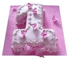 Cake for First Birthday — a number 1 design with lilac and white piping; India