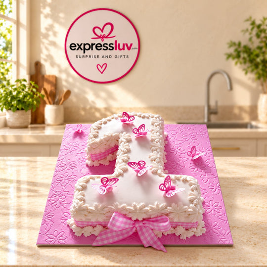 Cake for First Birthday cake design, photographed on a sunlit marble counter — delivery in India