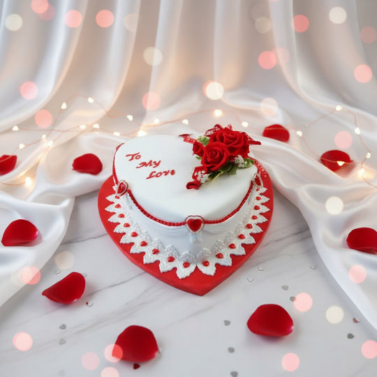 to My Love Heart Shaped Cake — white cream centre, red hearts and rose-style accents; India