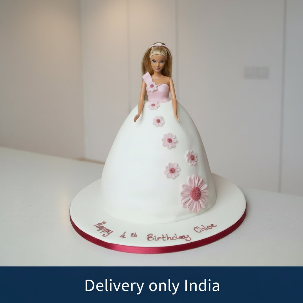 White Barbie Cake — a white skirt with small pink floral decorations; India
