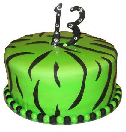Green Zebra Pattern Birthday Cake — bright green finish with dark zebra-style stripes; India