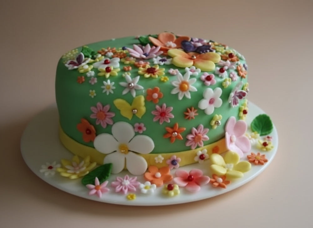 Beauty Flower Cake 1 kg — green finish covered in colourful flowers; India