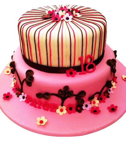 Sweet Husband Celebration Cake — striped top tier, pink lower tier and flower decorations; India