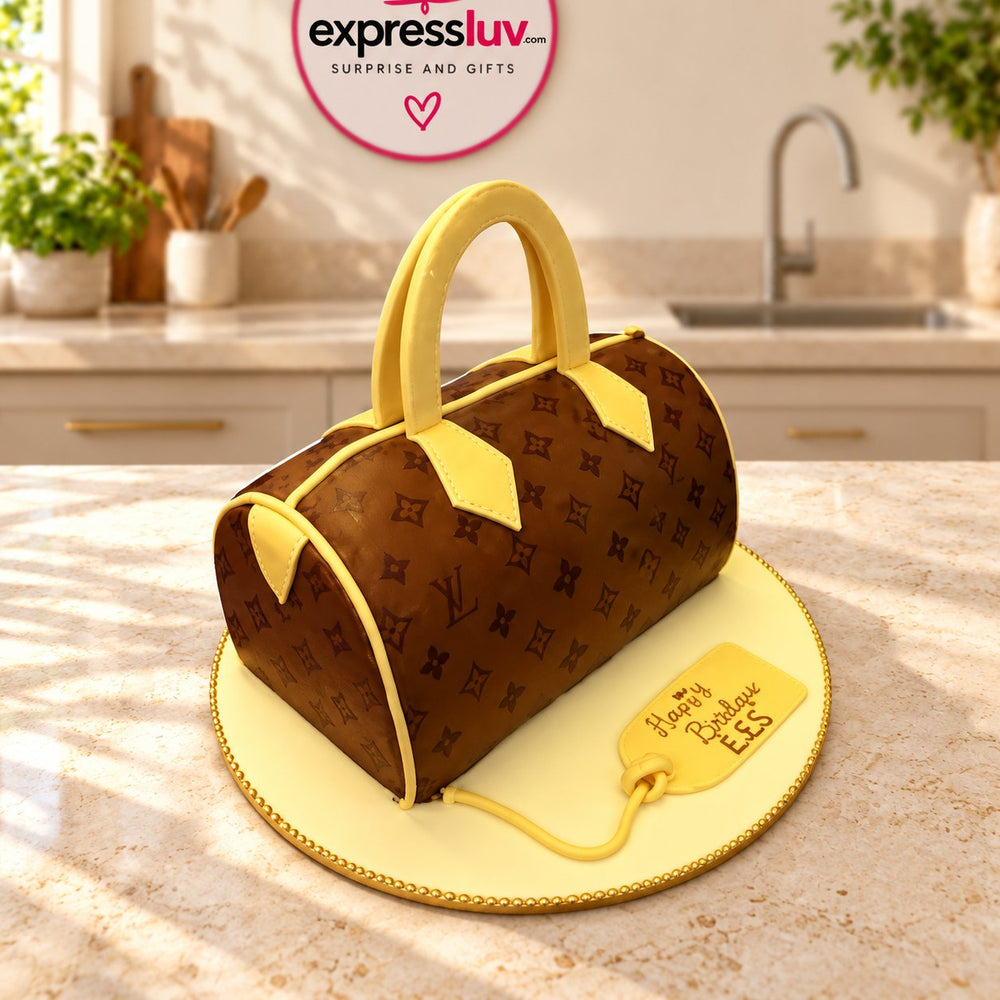 Purse Cake, photographed on a sunlit marble counter — delivery in India