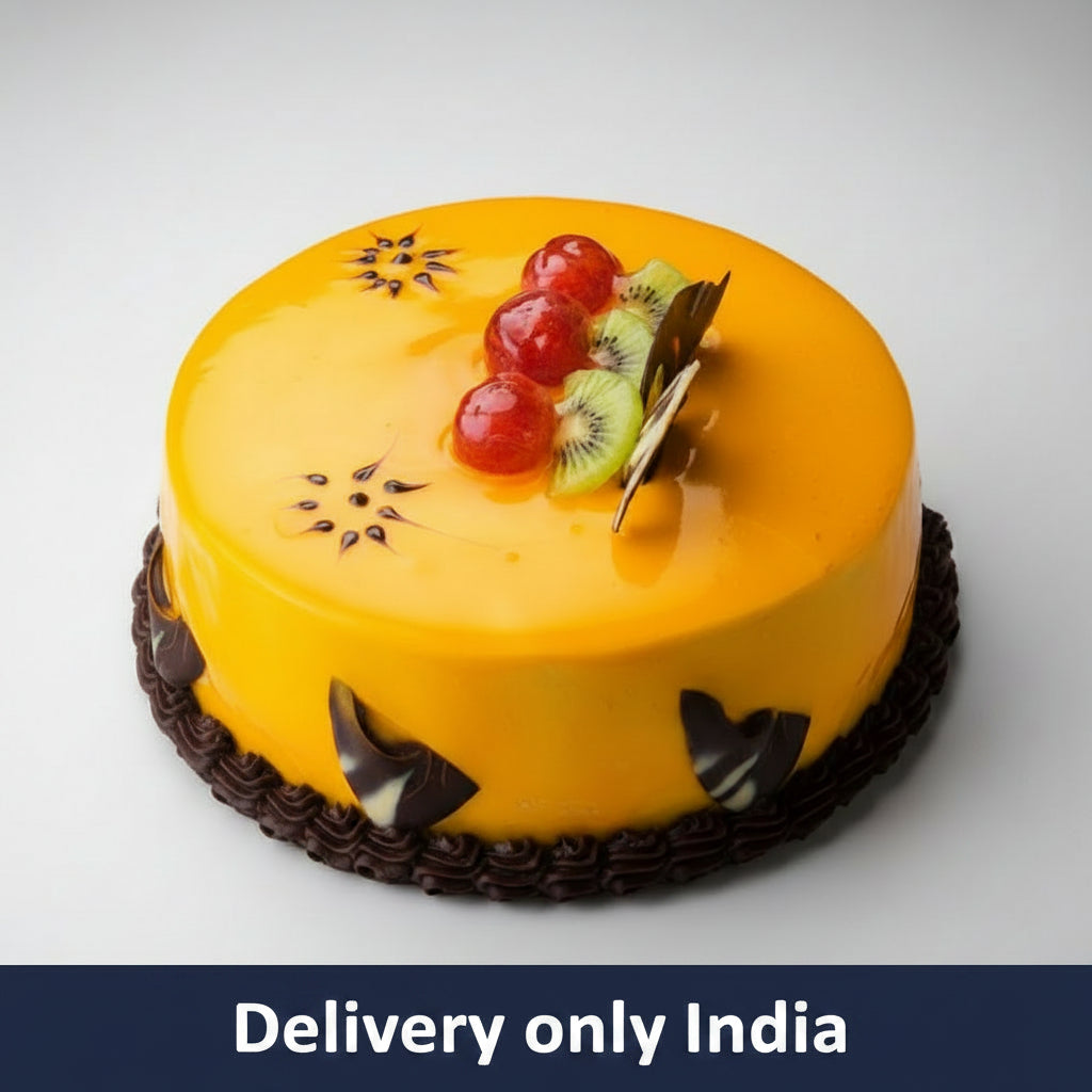 Mango Cake — yellow mango-style finish, red fruit cluster and dark side accents; India