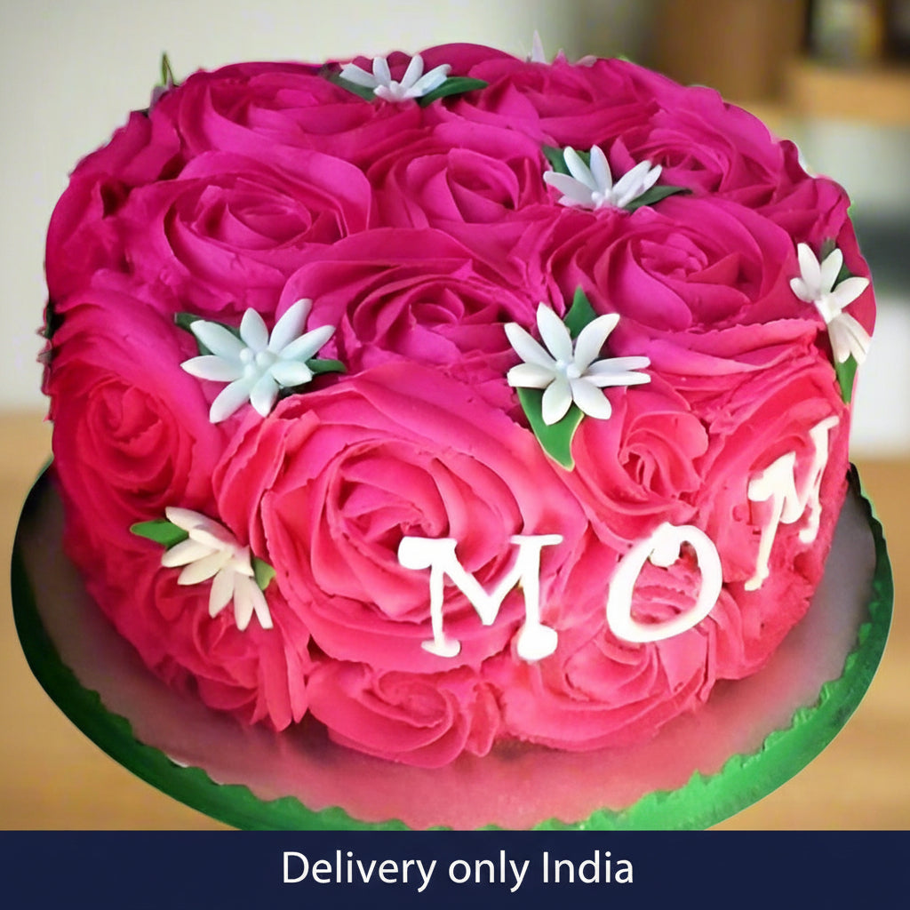 Mother’S Day Floral Cake — pink rose-style piping, white flowers and MOM lettering; India