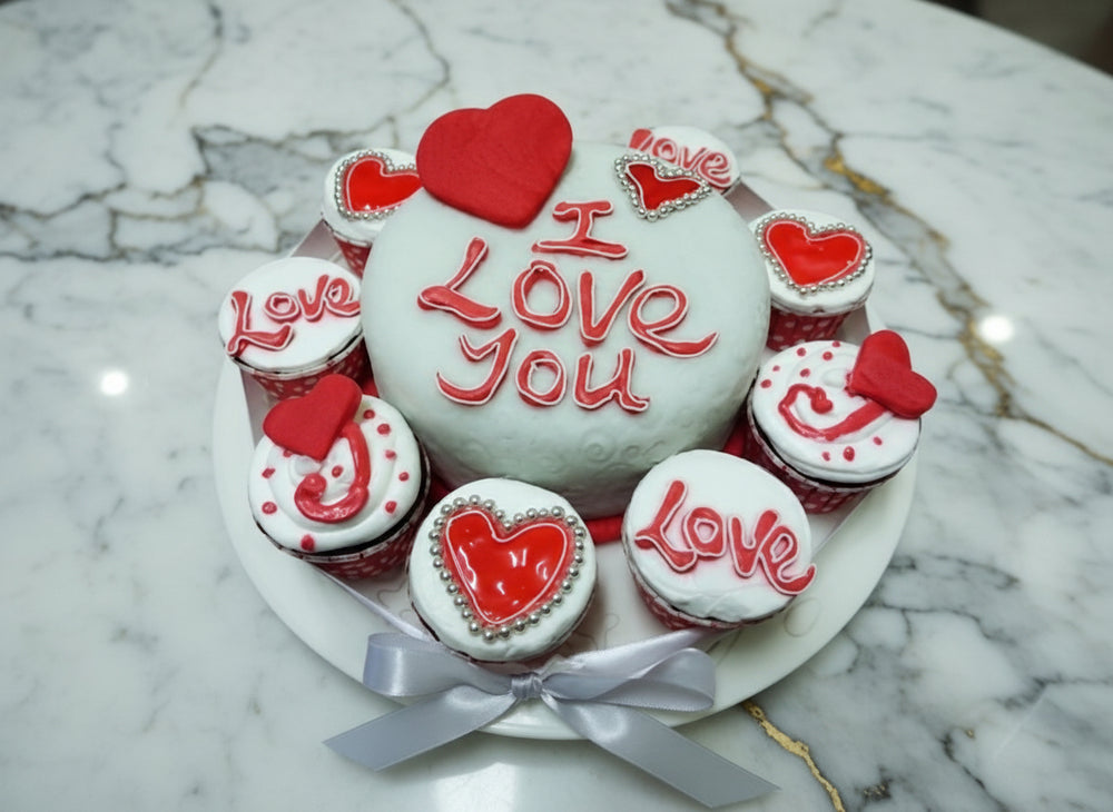 Love Cake and Cupcake Set — a central heart-themed cake surrounded by decorated cupcakes; India