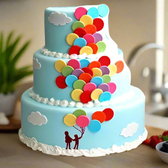 Kids Fondant Theme Cake — pale blue tiers with cloud and colourful balloon motifs; India