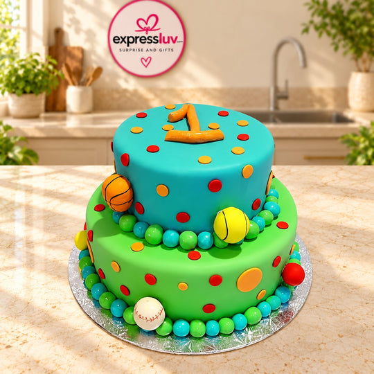 Sports Ball Theme Cake, photographed on a sunlit marble counter — delivery in India