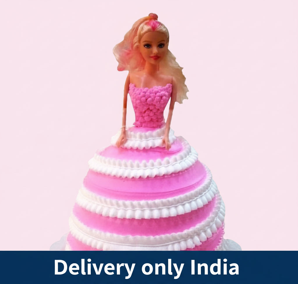 Pink Barbie Doll Cake — pink-and-white layered skirt piping and a doll topper; India