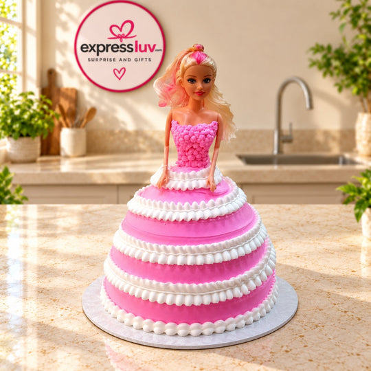 Pink Barbie Doll Cake, photographed on a sunlit marble counter — delivery in India