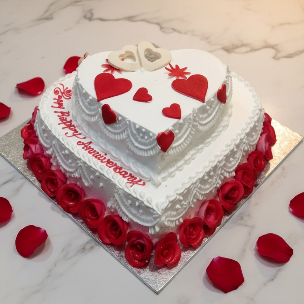 Two Heart Valentine Cake - 3 kg — two white hearts with red hearts and rose-style edging; India