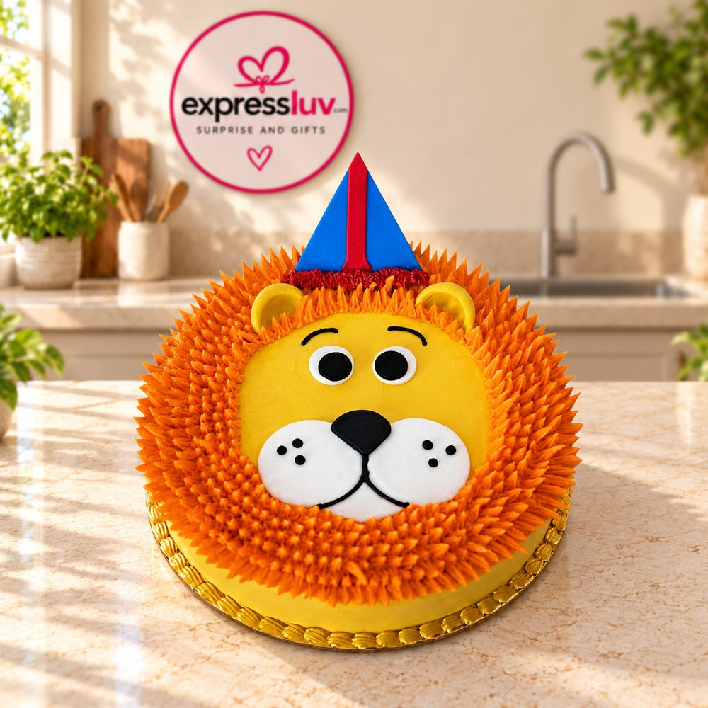 Lion Theme Cake design, photographed on a sunlit marble counter — delivery in India