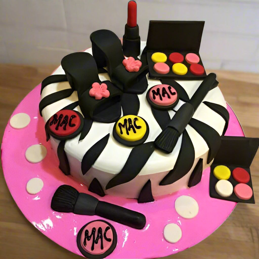 Girls Makeup Kit Cake — makeup-themed decorations, black-and-white stripes and pink accents; India