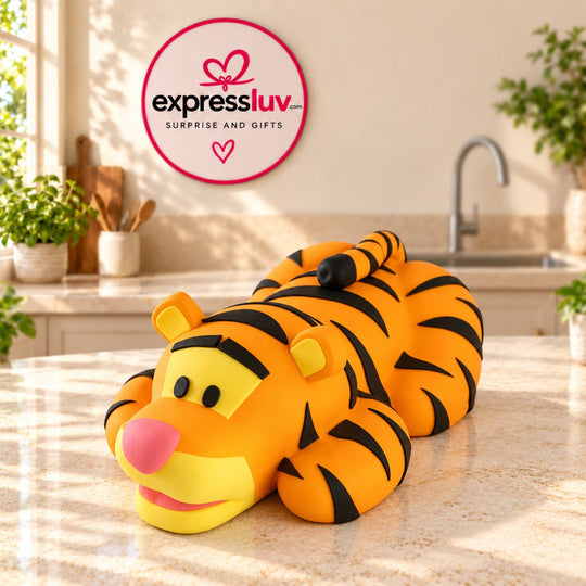 Tiger Animal Cake design, photographed on a sunlit marble counter — delivery in India