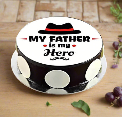 My Dad My Hero Chocolate Cake — a white dad-message panel and dark sides with pale circles; India