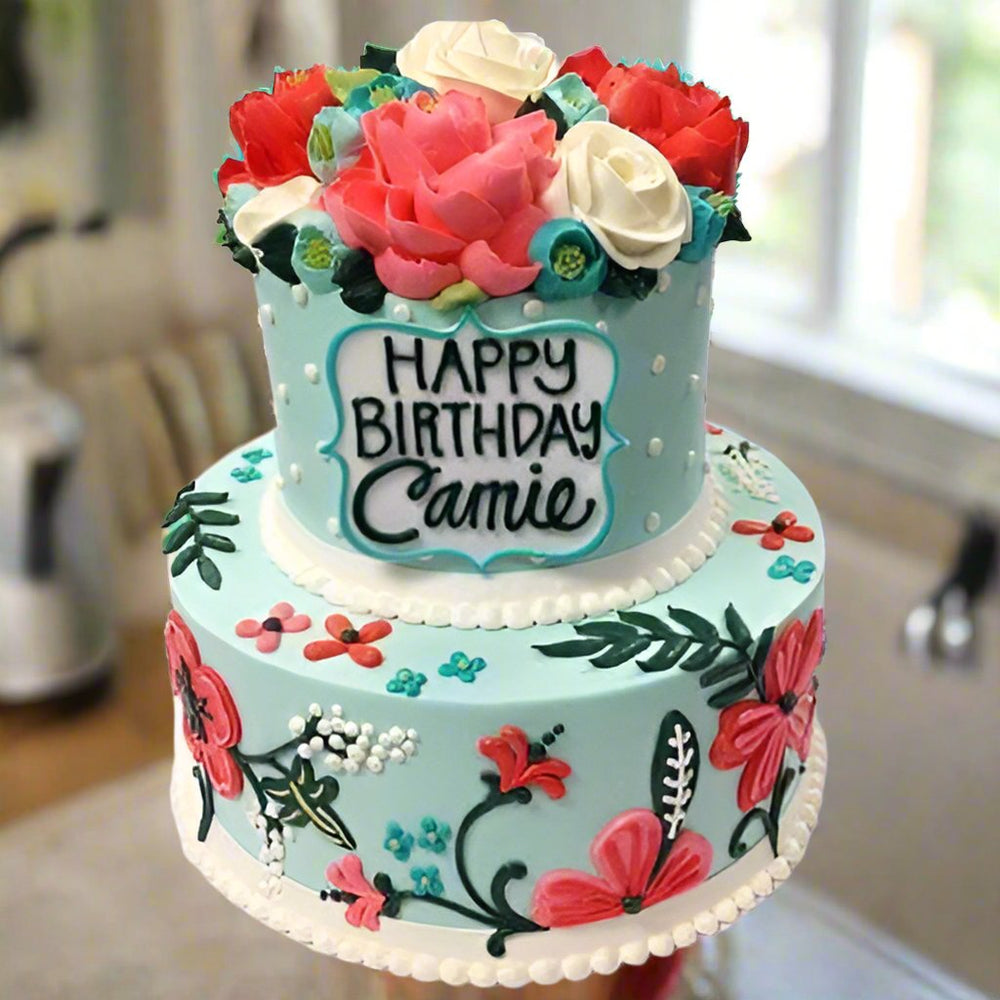Floral Two-Tier Celebration Cake — turquoise finish, floral motifs and flower decorations; India